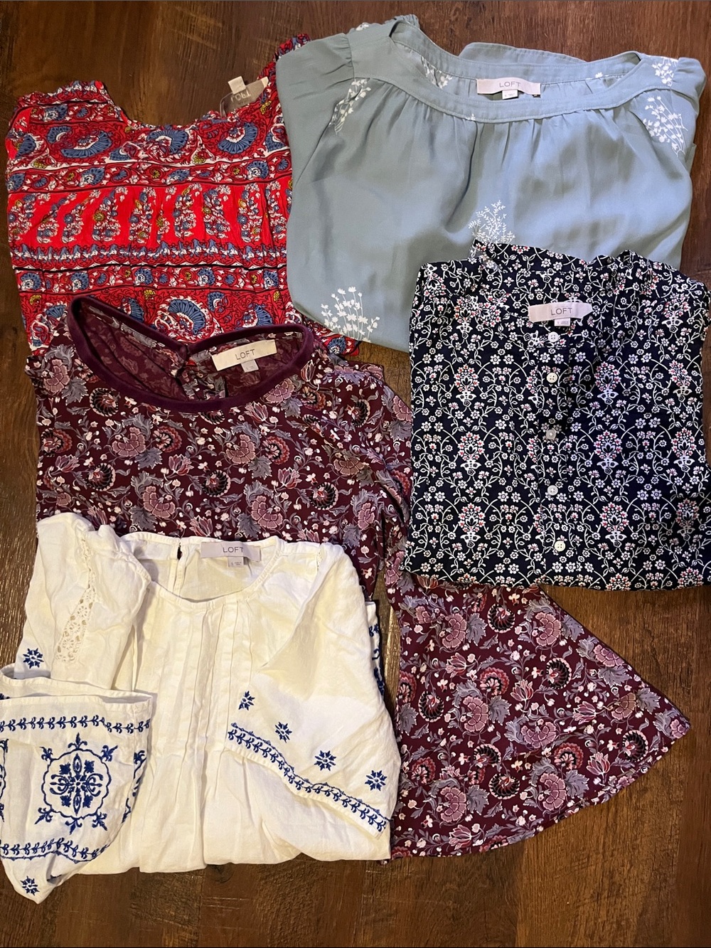 5 LOFT Mixed Floral & Embroidered Women's Tops - Red, Blue, Navy, Purple, White